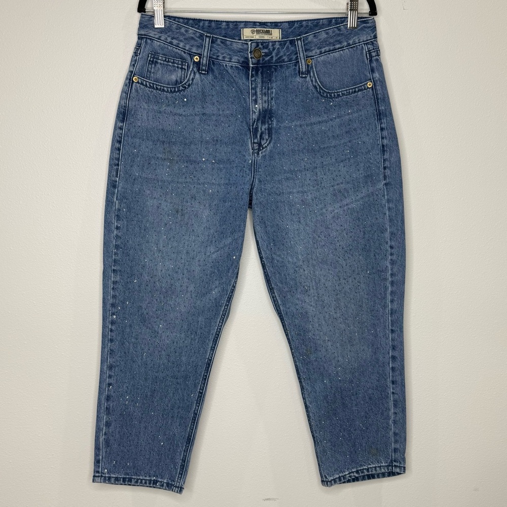 Rock & Roll Denim Women’s Medium Wash High Rise Rhinestone Cropped Straight Jean